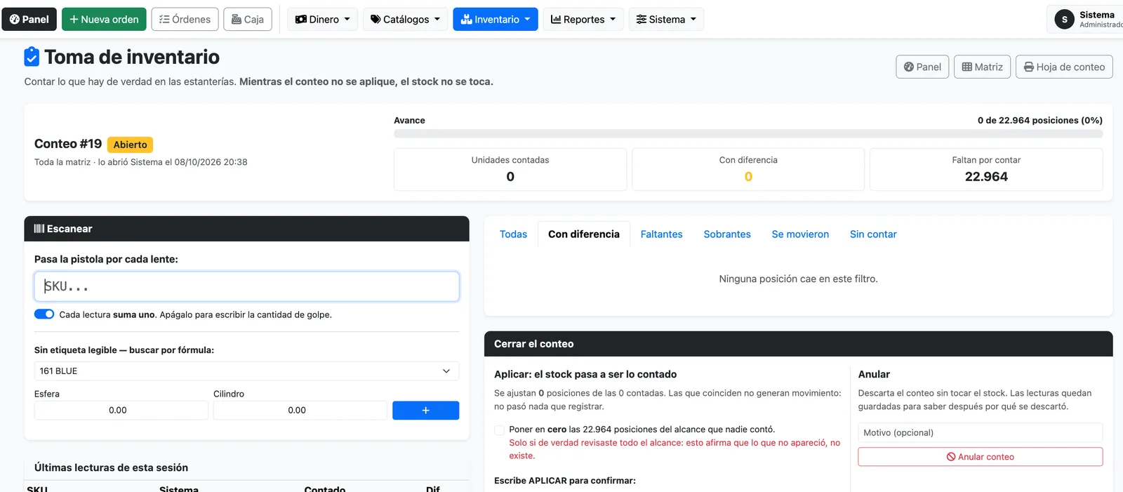 Toma de inventario con lector de código de barras