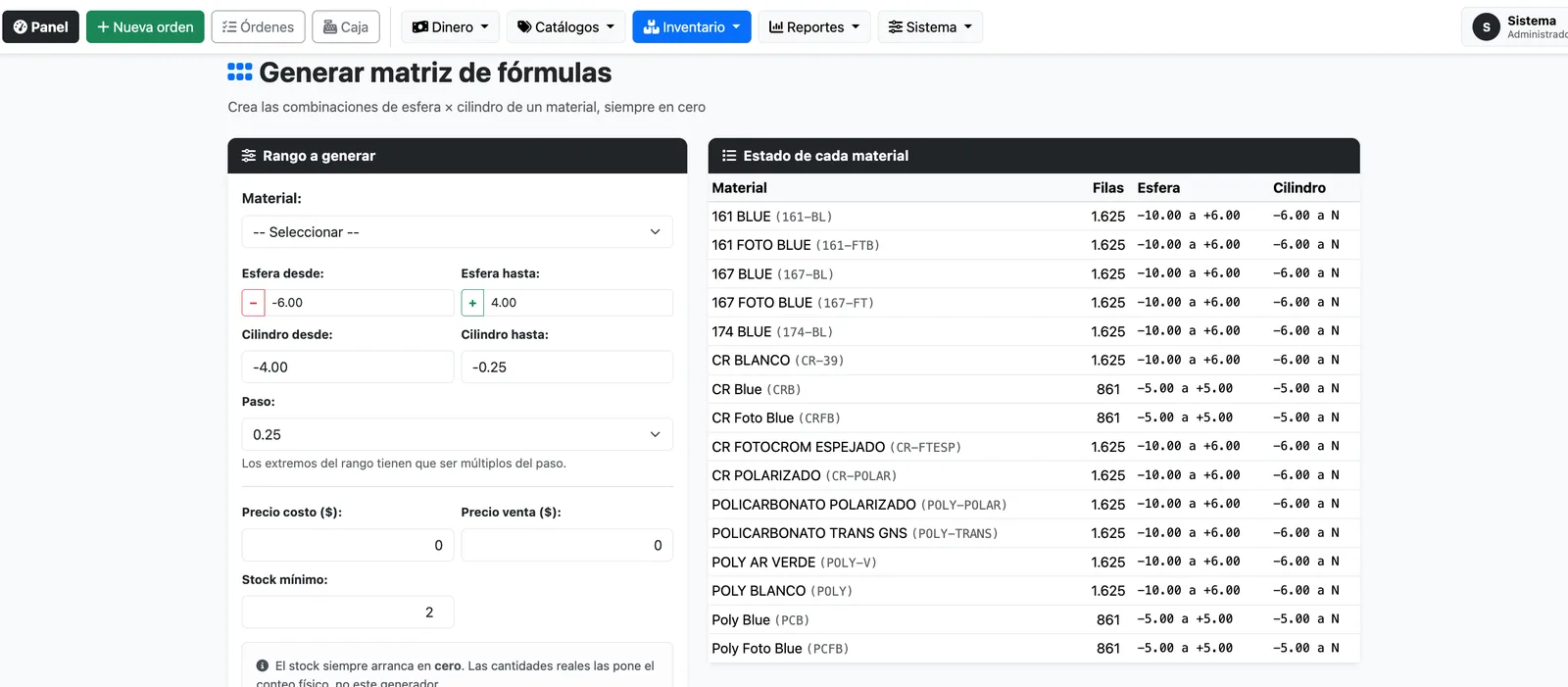 Generador de la matriz de fórmulas por material