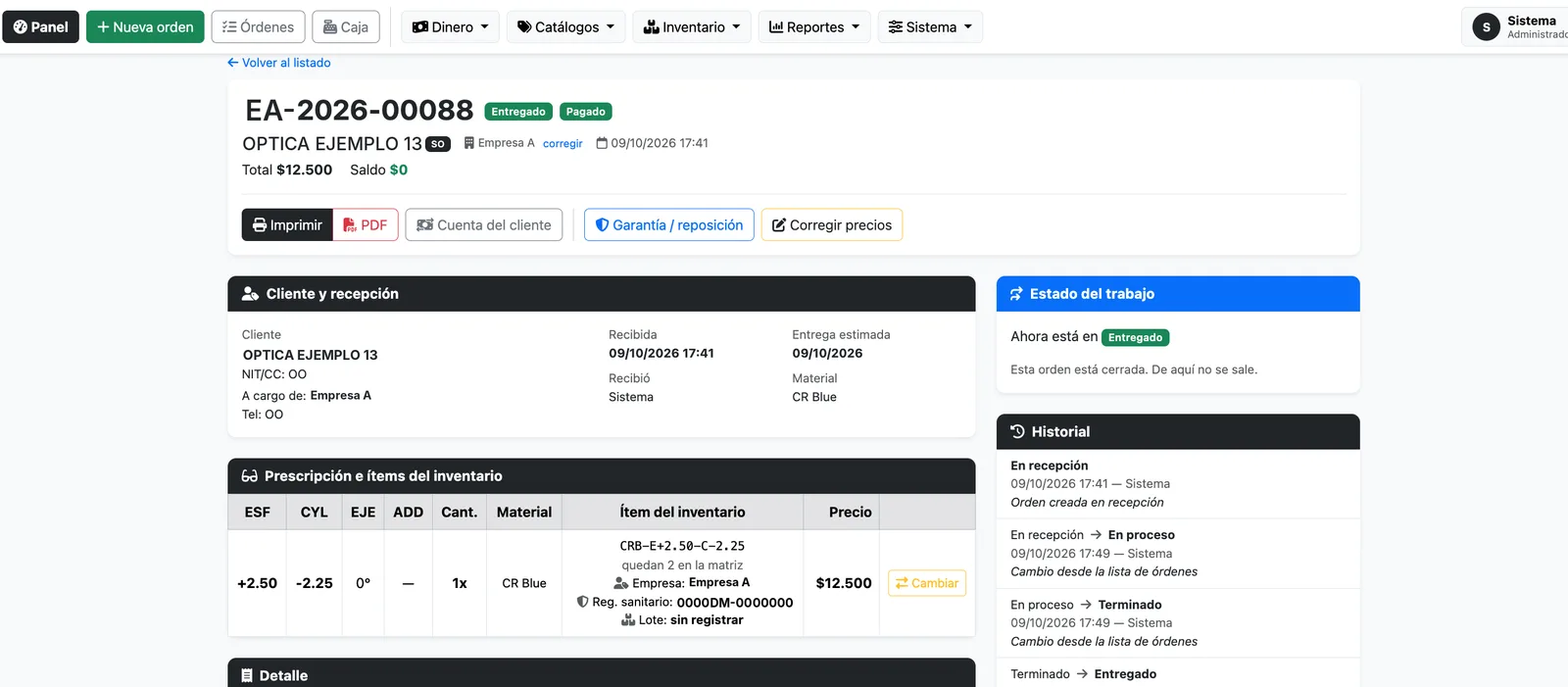 Detalle de una orden con fórmula, ítem del inventario, registro sanitario e historial