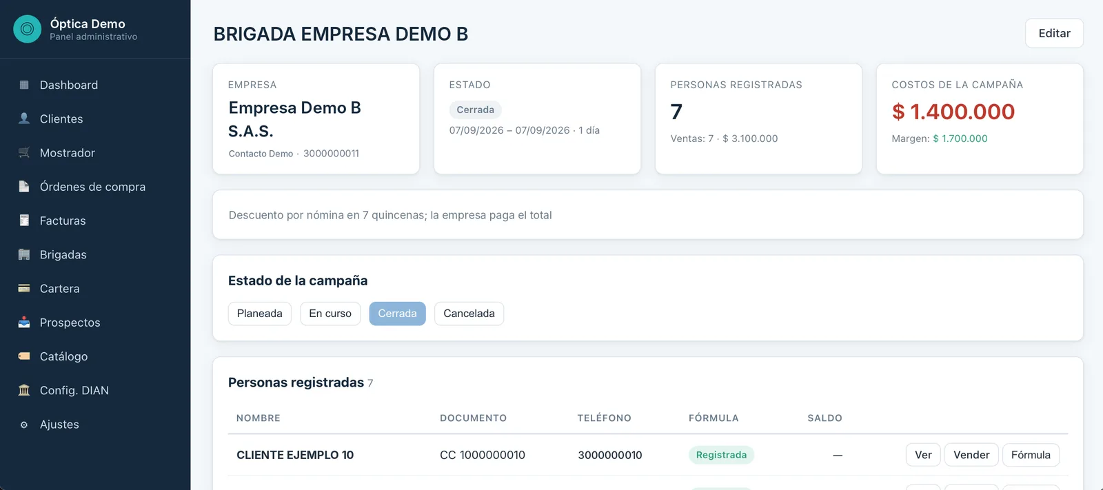 Detalle de una campaña de brigada con costos, margen y personas registradas
