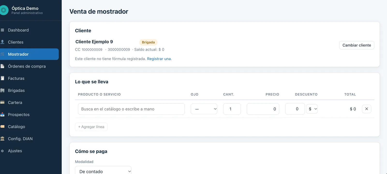 Venta de mostrador con cliente, productos por ojo y forma de pago