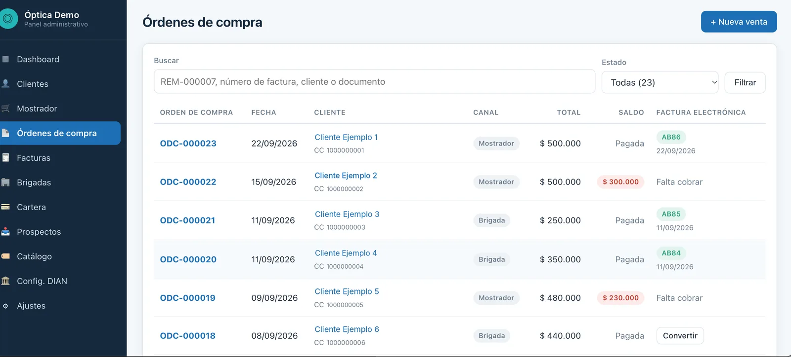 Órdenes de compra con canal, saldo y factura electrónica asociada